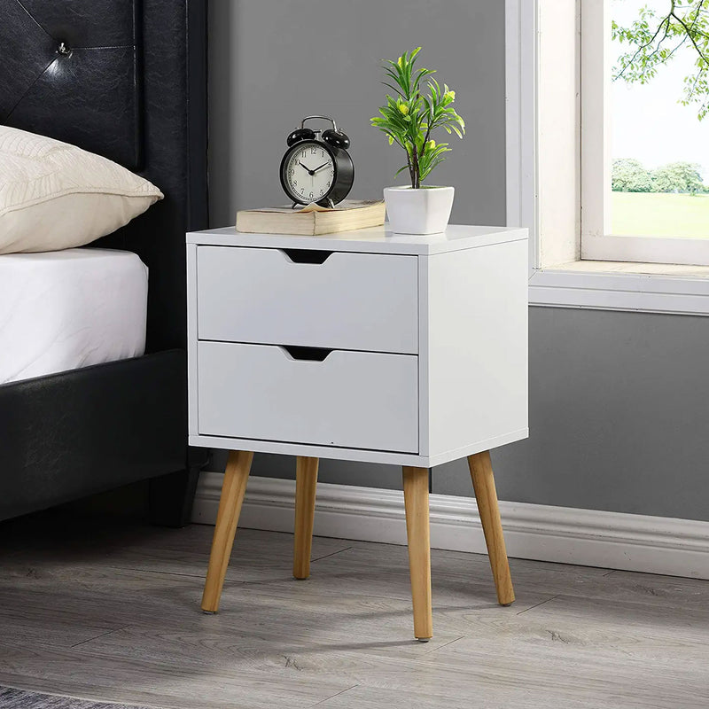 Modern Wooden Nightstand Table w/ 2 Storage Drawers, White, Set of 2 (For Parts)