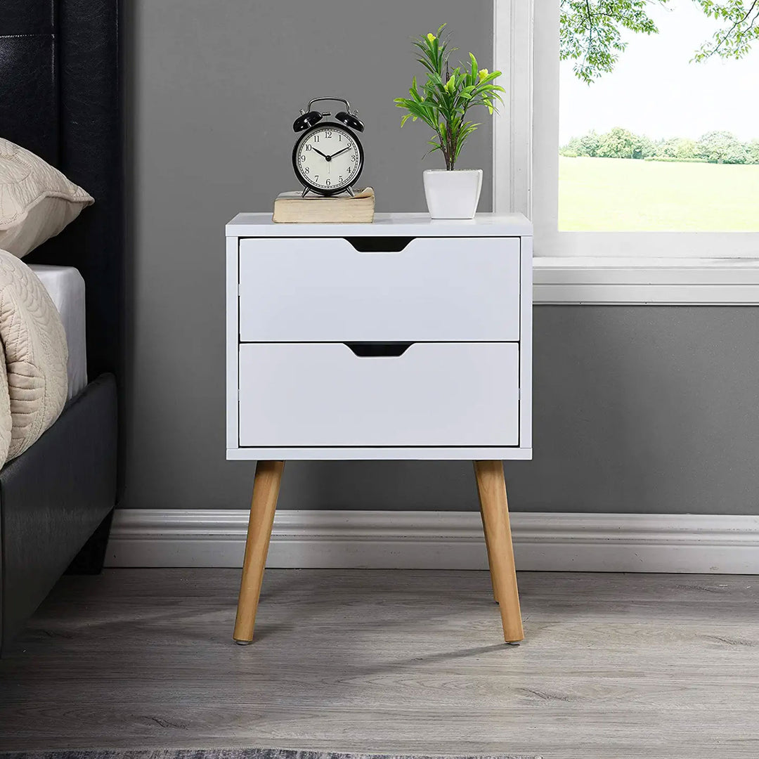 Modern Wooden Nightstand Table with 2 Storage Drawers, White, Set of 2 (Used)