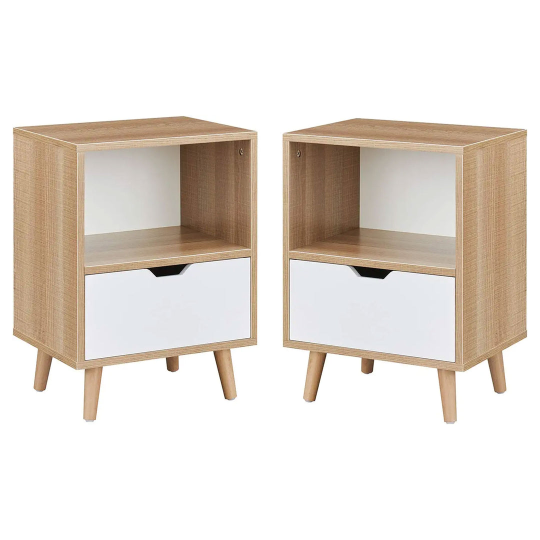 Sweetgo Modern Wooden 2-Tier Nightstand End Table with 1 Drawer, Tan, Set of 2 - VMInnovations