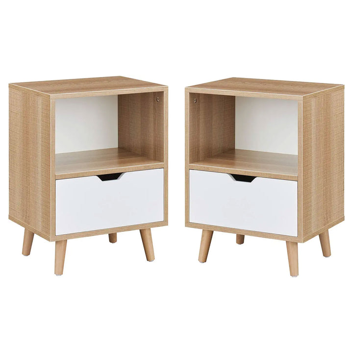 Sweetgo Modern Wooden 2-Tier Nightstand End Table with 1 Drawer, Tan, Set of 2 - VMInnovations