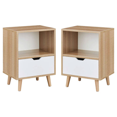 Modern Wooden 2-Tier Nightstand End Table w/ 1 Drawer, Tan, Set of 2 (For Parts)