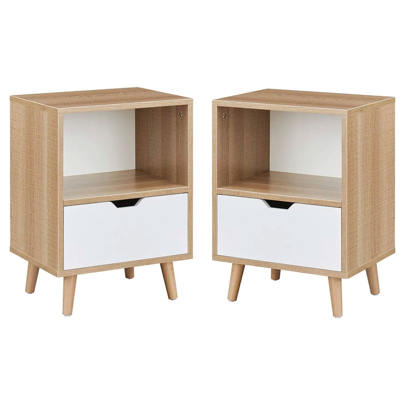 Sweetgo Modern Wooden 2-Tier Nightstand End Table with 1 Drawer, Tan, Set of 2