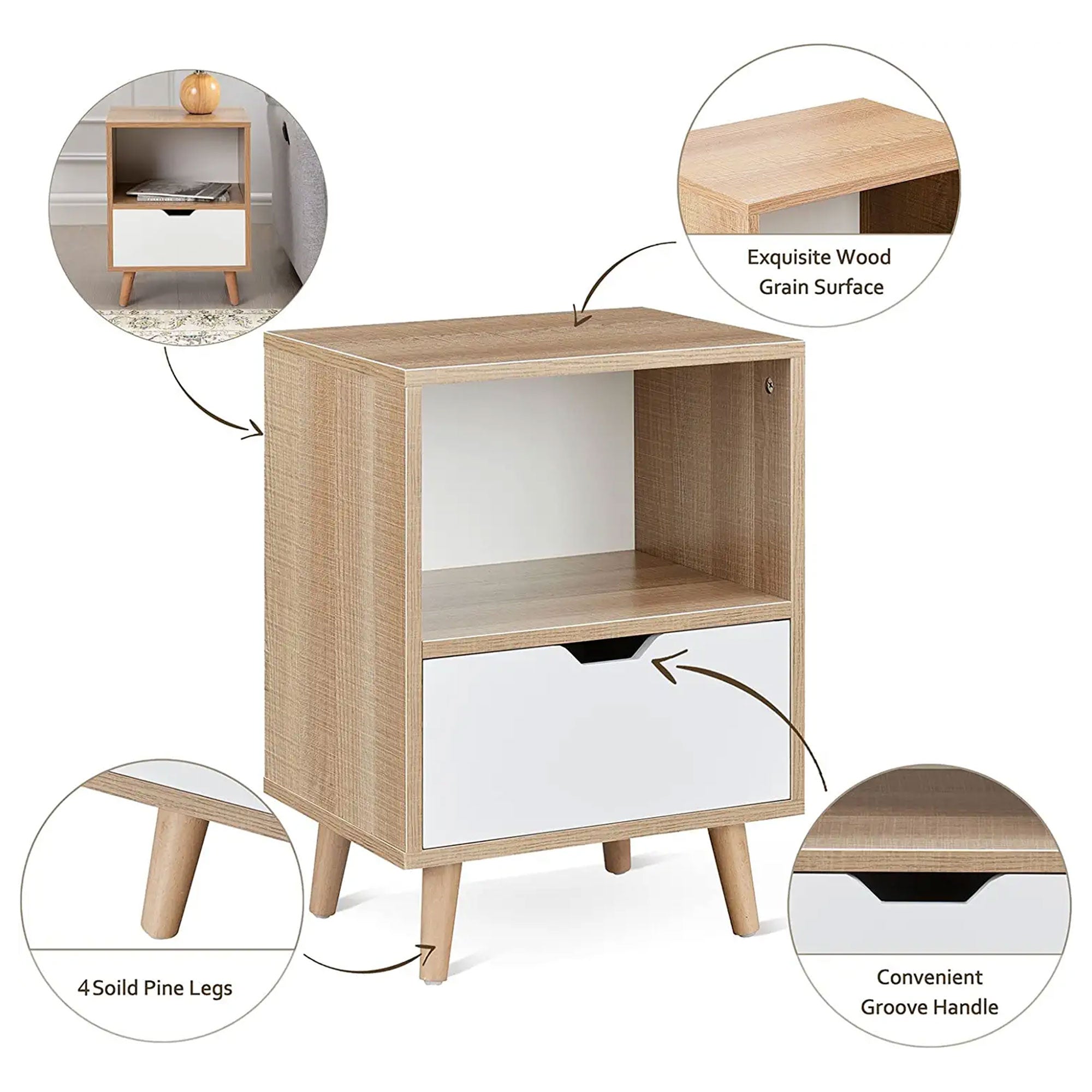 Sweetgo Modern Wooden 2-Tier Nightstand End Table with 1 Drawer, Tan, Set of 2 - VMInnovations