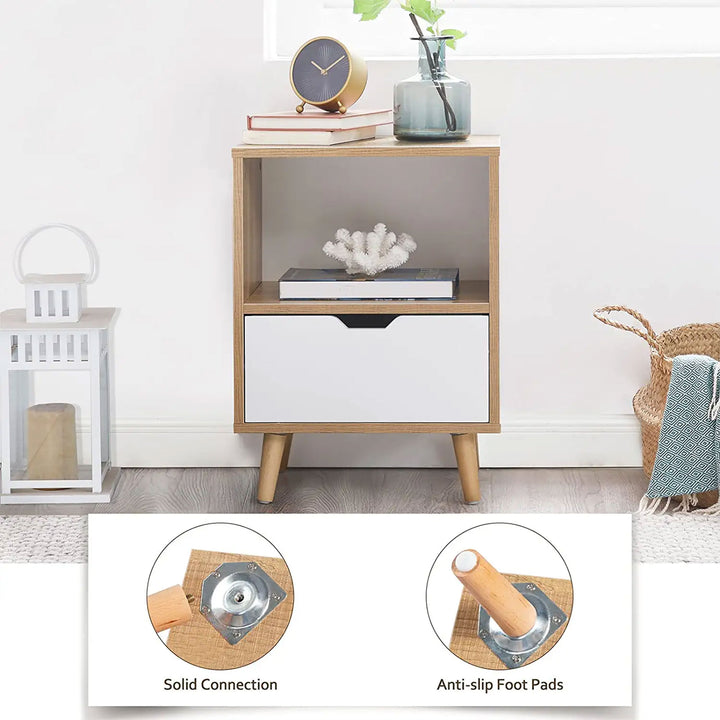 Sweetgo Modern Wooden 2-Tier Nightstand End Table with 1 Drawer, Tan, Set of 2 - VMInnovations