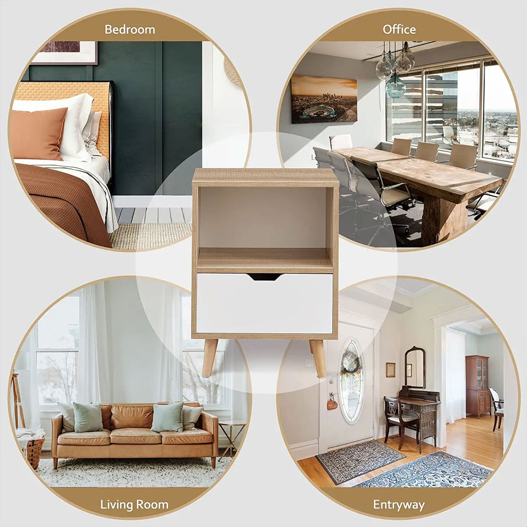 Modern Wooden 2-Tier Nightstand End Table w/ 1 Drawer, Tan, Set of 2 (For Parts)