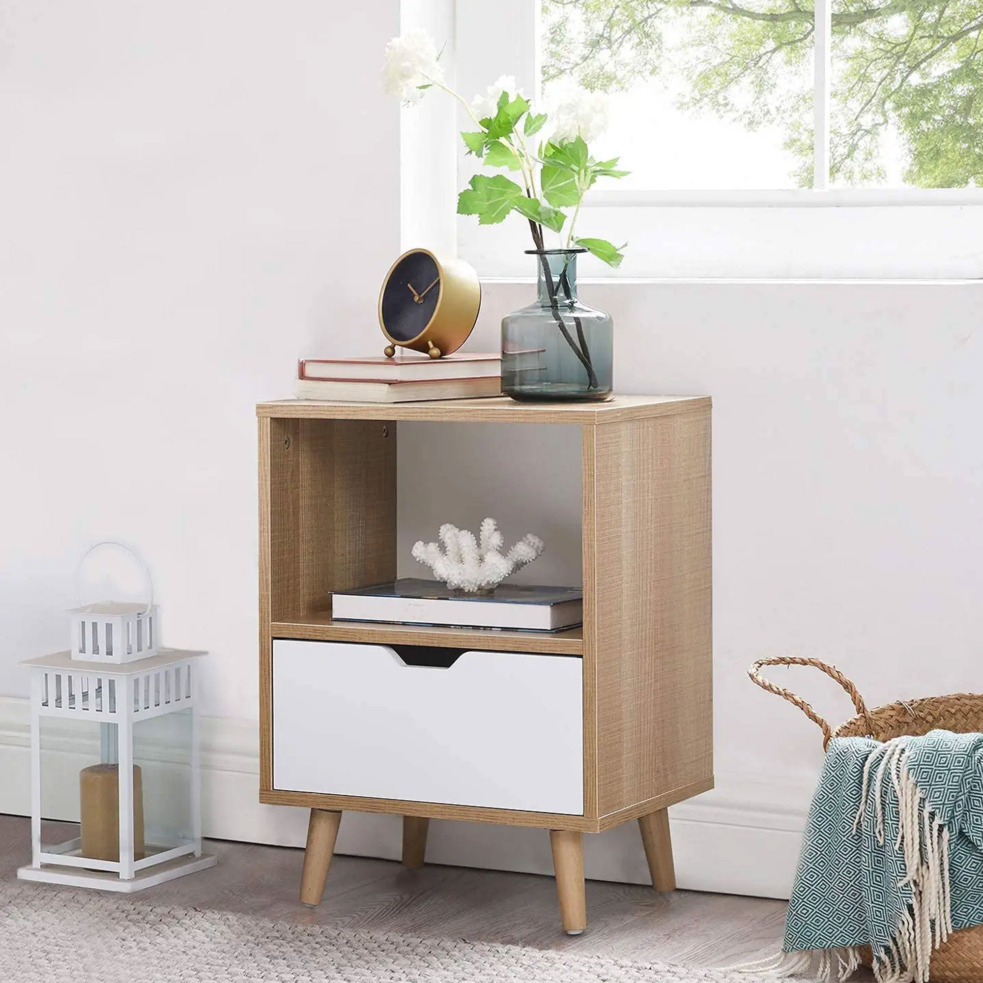 Modern Wooden 2-Tier Nightstand End Table with 1 Drawer, Tan, Set of 2 (Used) - VMInnovations