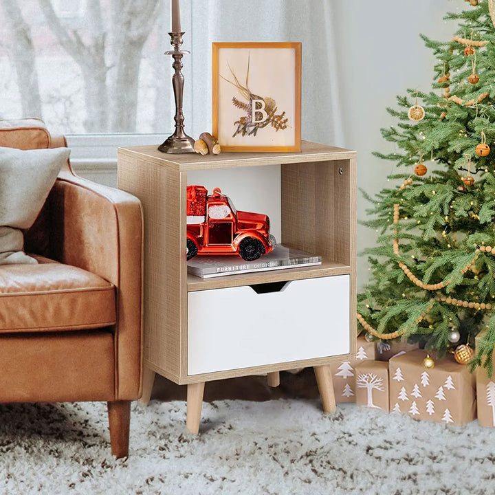 Modern Wooden 2-Tier Nightstand End Table with 1 Drawer, Tan, Set of 2(Open Box)