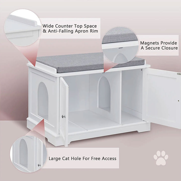 Sweetgo Cat Bench Litter Box Cover with Removable Partition Wall, White (Used)