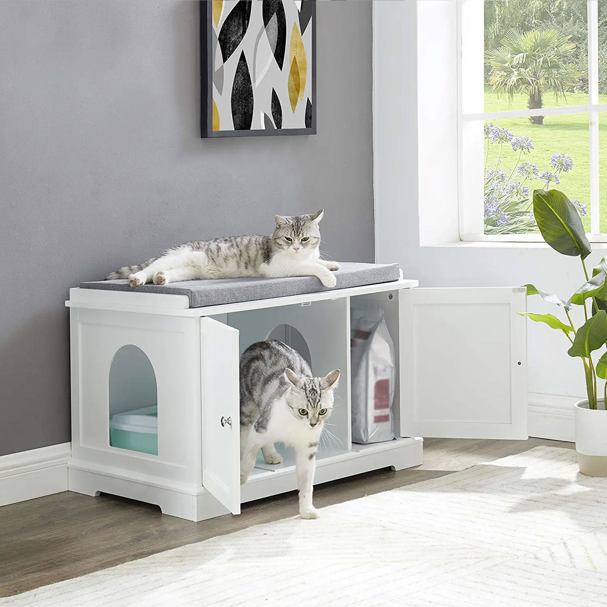 Sweetgo Cat Bench Litter Box Cover with Removable Partition Wall, White (Used) - VMInnovations