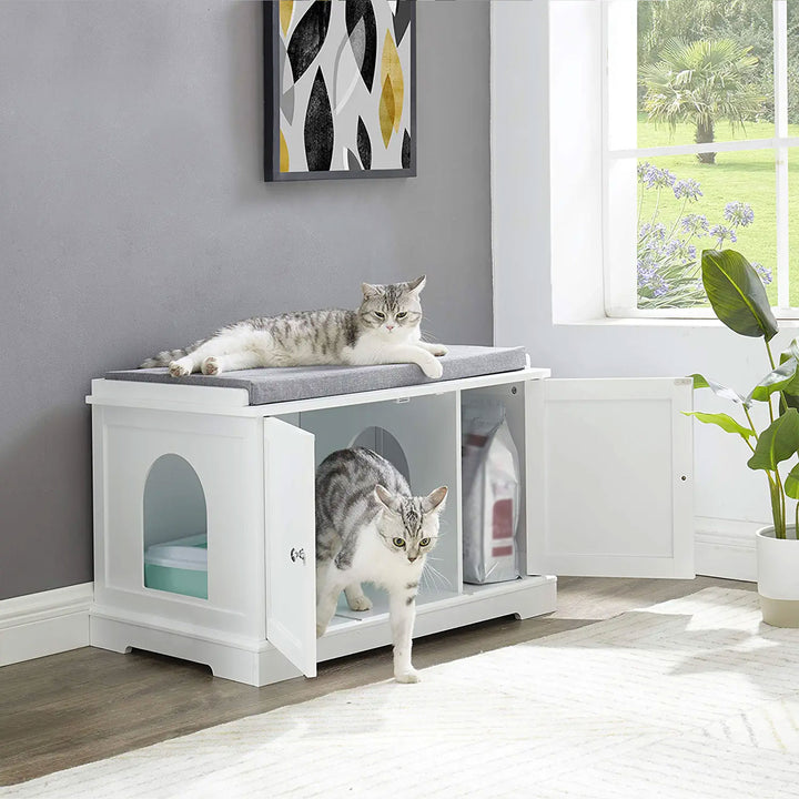 Sweetgo Cat Washroom Bench Litter Box Cover w/ Partition Wall, White (For Parts) - VMInnovations