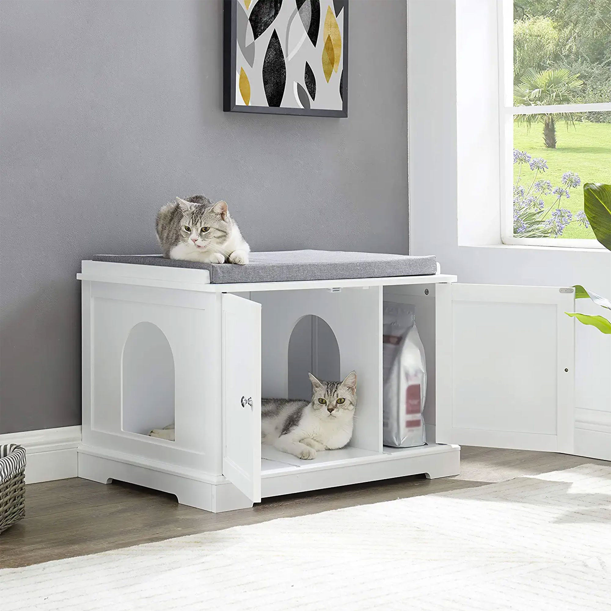 Sweetgo Cat Bench Litter Box Cover with Removable Partition Wall, White (Used) - VMInnovations