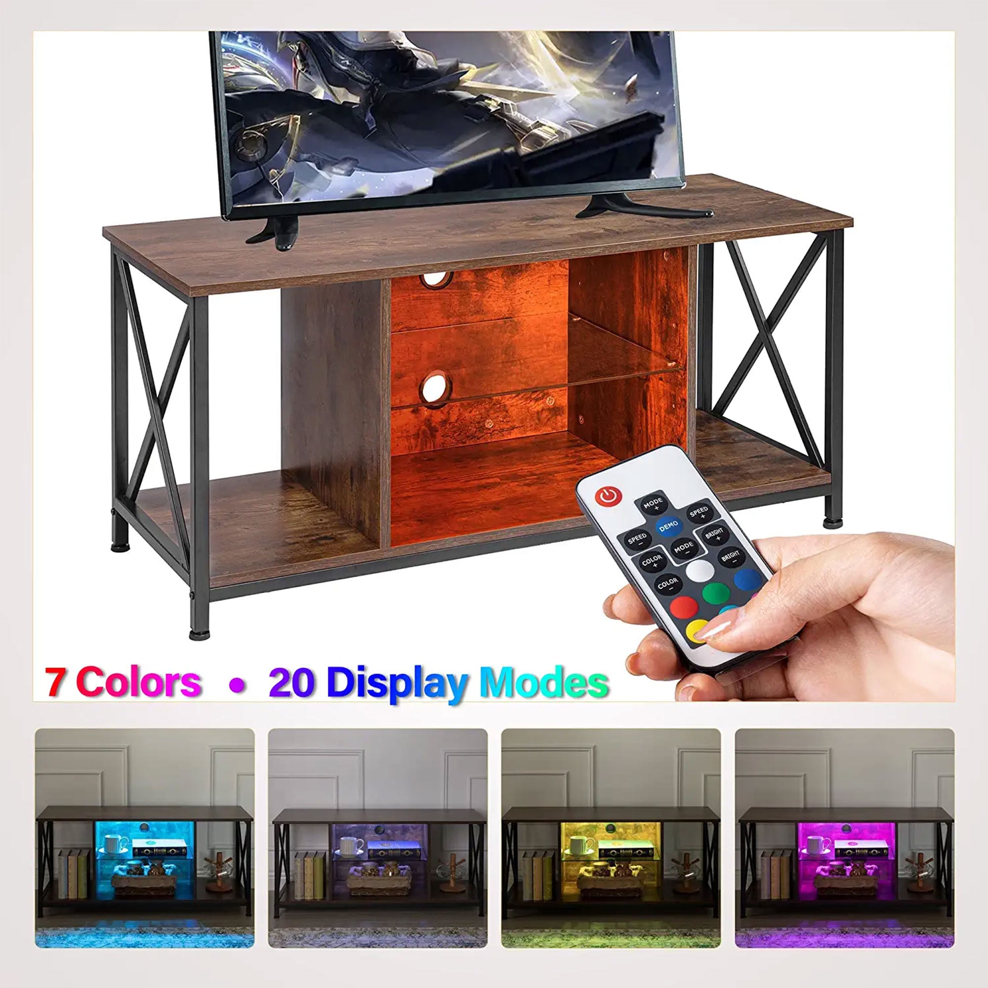 KSWIN Entertainment TV Stand for 50" TV w/LED Lights, Rustic Brown (For Parts) - VMInnovations