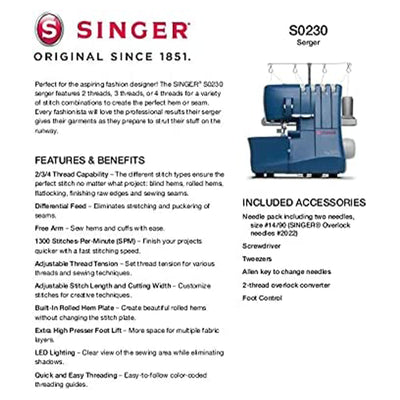 Singer Serger Sewing Machine w/Included Accessory Kit & Free Arm, Blue (Damaged)