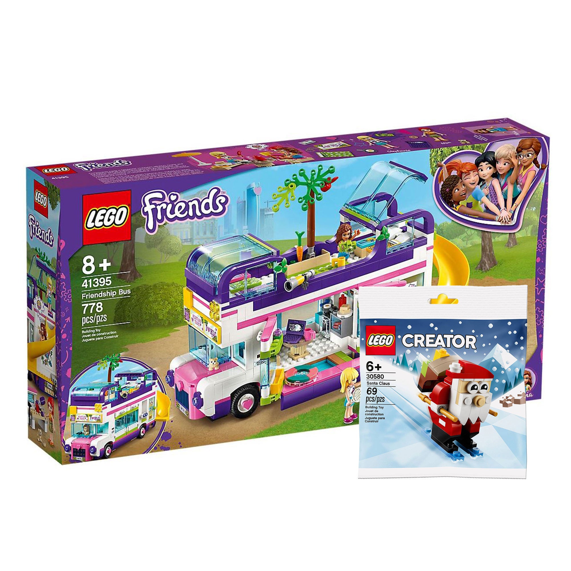 LEGO 41395 Friends Friendship Bus Set and 30580 Skiing Santa Claus Building Toy
