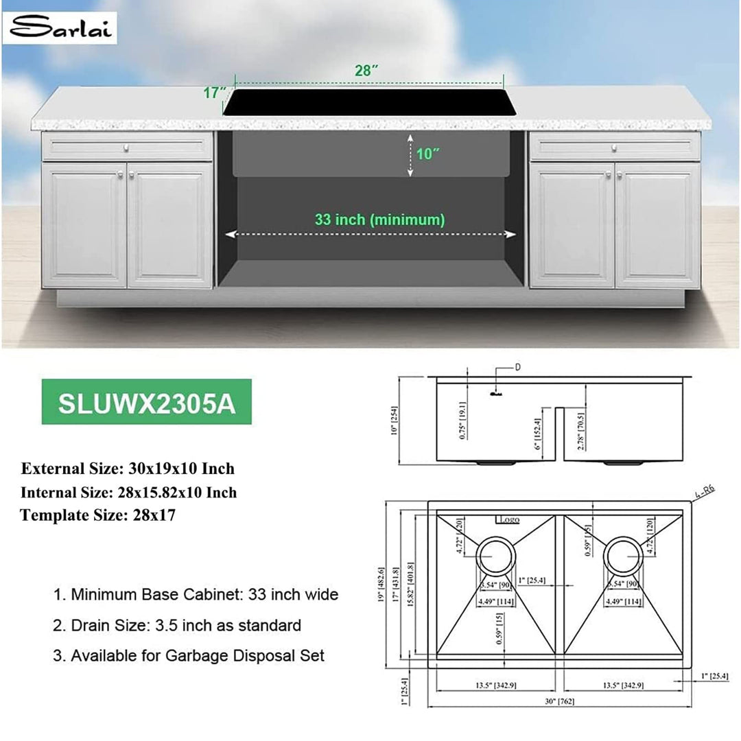 Sarlai 30x22In Brushed Stainless Steel Double Bowl Kitchen Sink (Open Box)