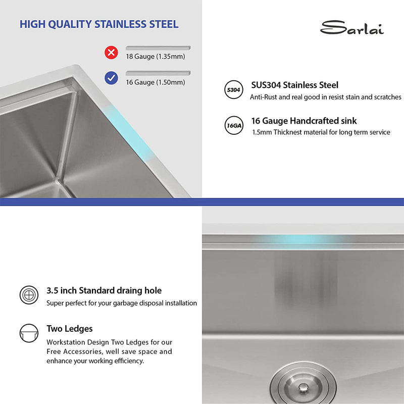 Sarlai 30"x18" Undermount Brushed Stainless Steel Single Bowl Kitchen Sink(Used)