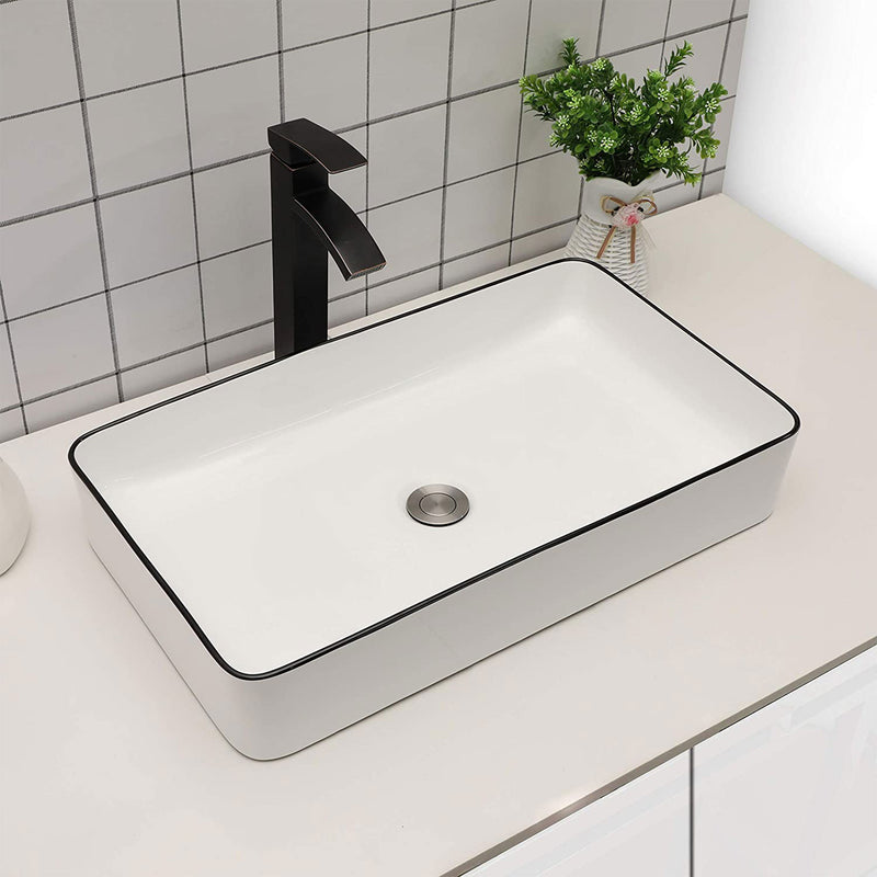 Sarlai 24"x14" Porcelain Ceramic Rectangular Vessel Bathroom Sink w/ Black Edge