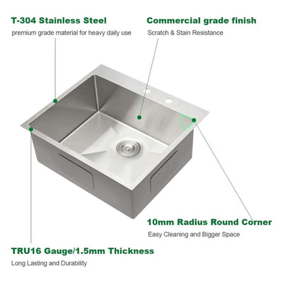 Sarlai 25"x22" Stainless Steel Drop In Single Bowl Kitchen Sink (Used)