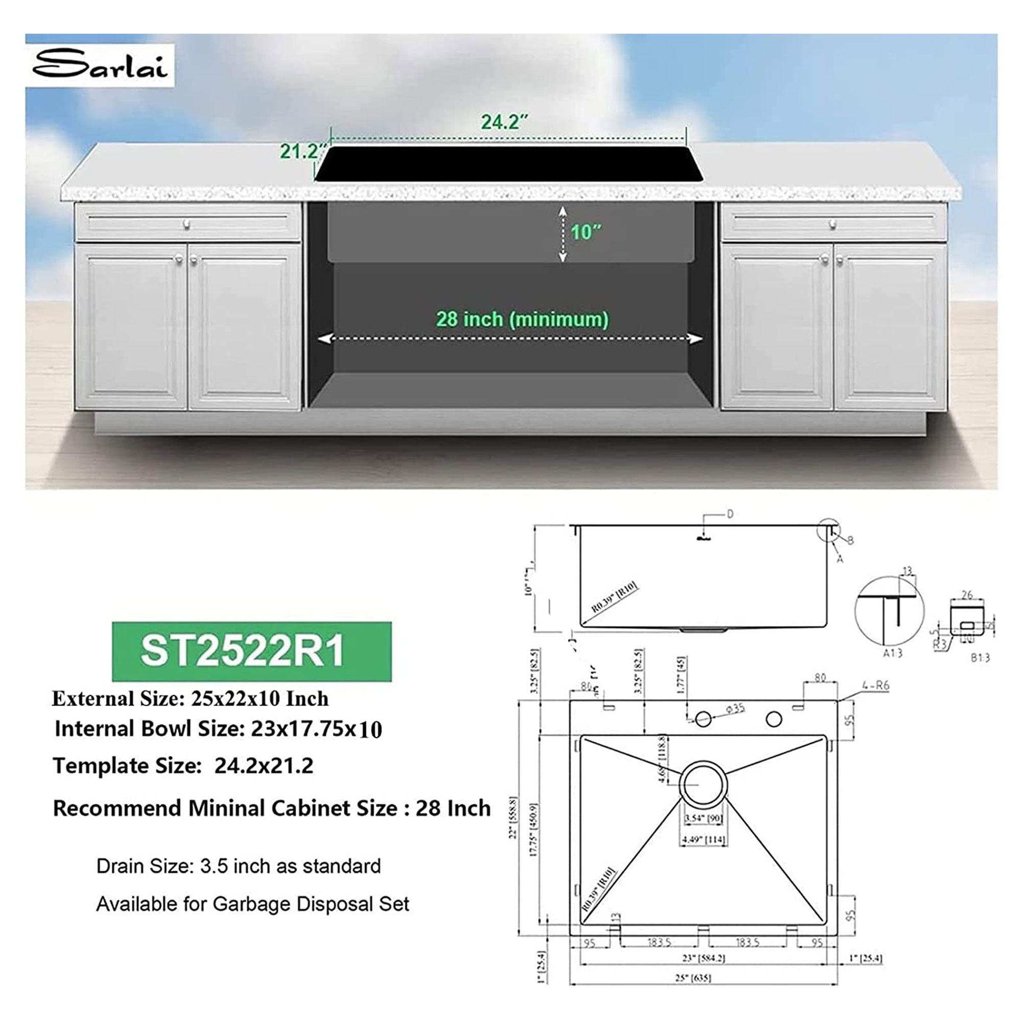 Sarlai 25"x22" Stainless Steel Drop In Single Bowl Kitchen Sink (Used) - VMInnovations