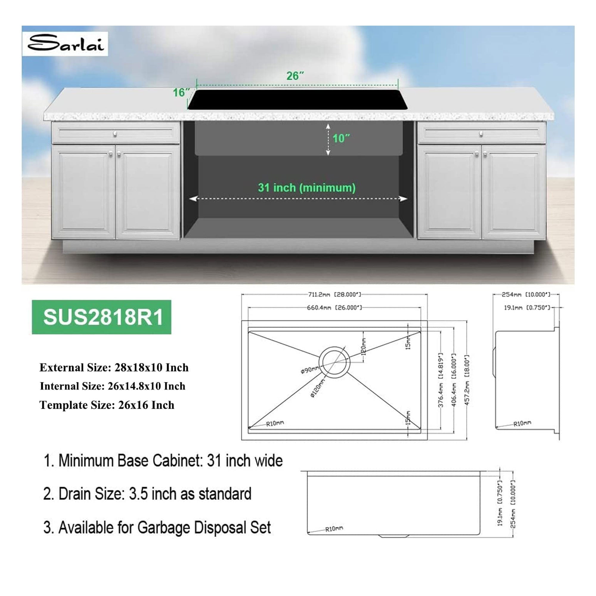 28x18 In Undermount Brushed Stainless Steel Single Bowl Kitchen Sink (For Parts) - VMInnovations