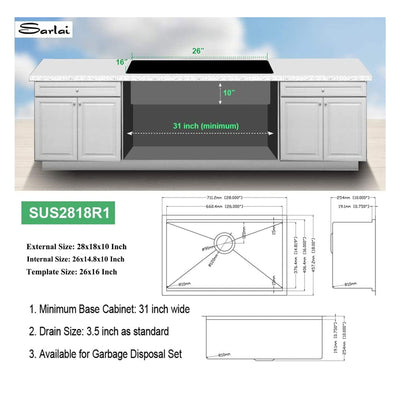 28x18 In Undermount Brushed Stainless Steel Single Bowl Kitchen Sink (For Parts) - VMInnovations