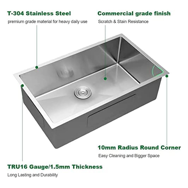 Sarlai SU3219R1-1 32 Inch Undermount Deep Basin Kitchen Sink, Stainless Steel