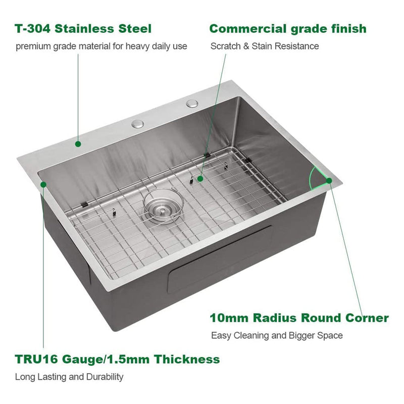 Sarlai ST3022R1 30 Inch Round Corner Deep Single Kitchen Sink, Stainless Steal