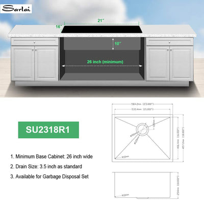 Sarlai SU2318R1-1 23 Inch Undermount Deep Basin Kitchen Sink, Stainless Steel