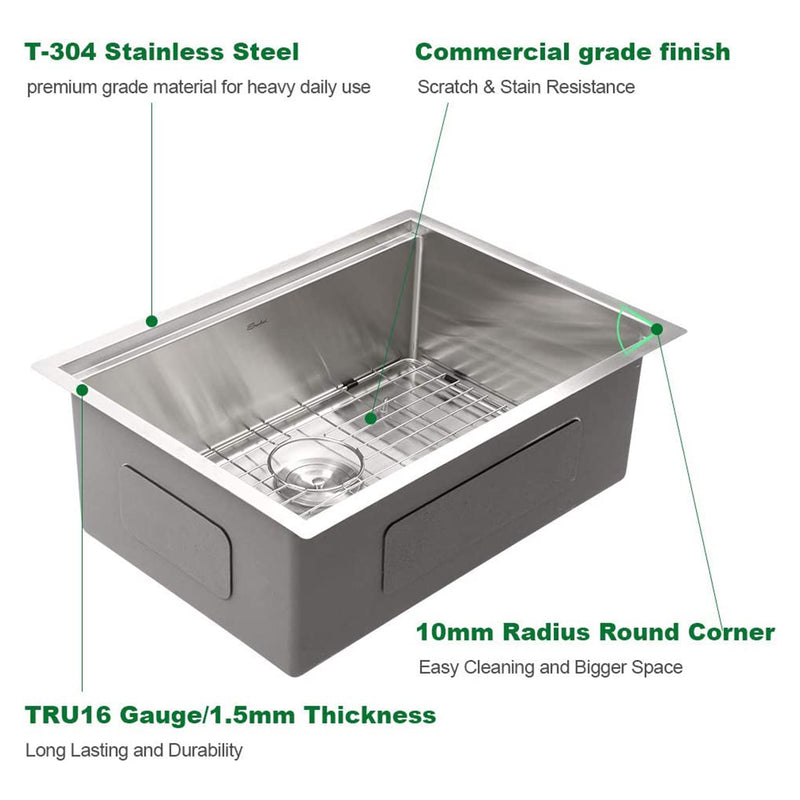 Sarlai 26 by 19 Inch Undermount Brushed Stainless Steel Single Bowl Kitchen Sink