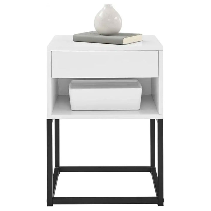 BIKAHOM Simple Modern End Table Nightstand w/ Drawer and Shelf, White (Used)