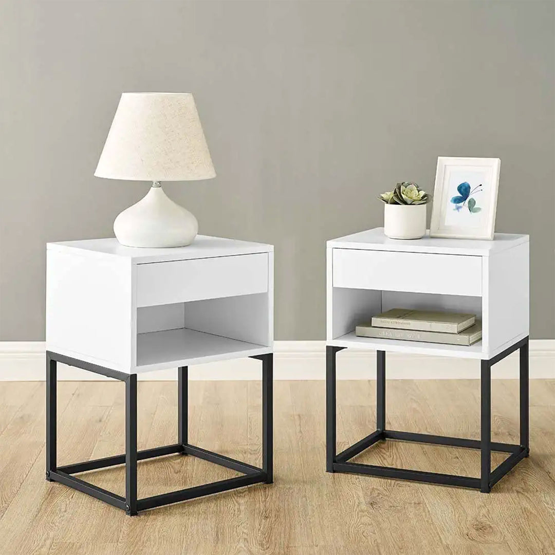 BIKAHOM Simple Modern End Table Nightstand w/ Drawer and Shelf, White (Used)