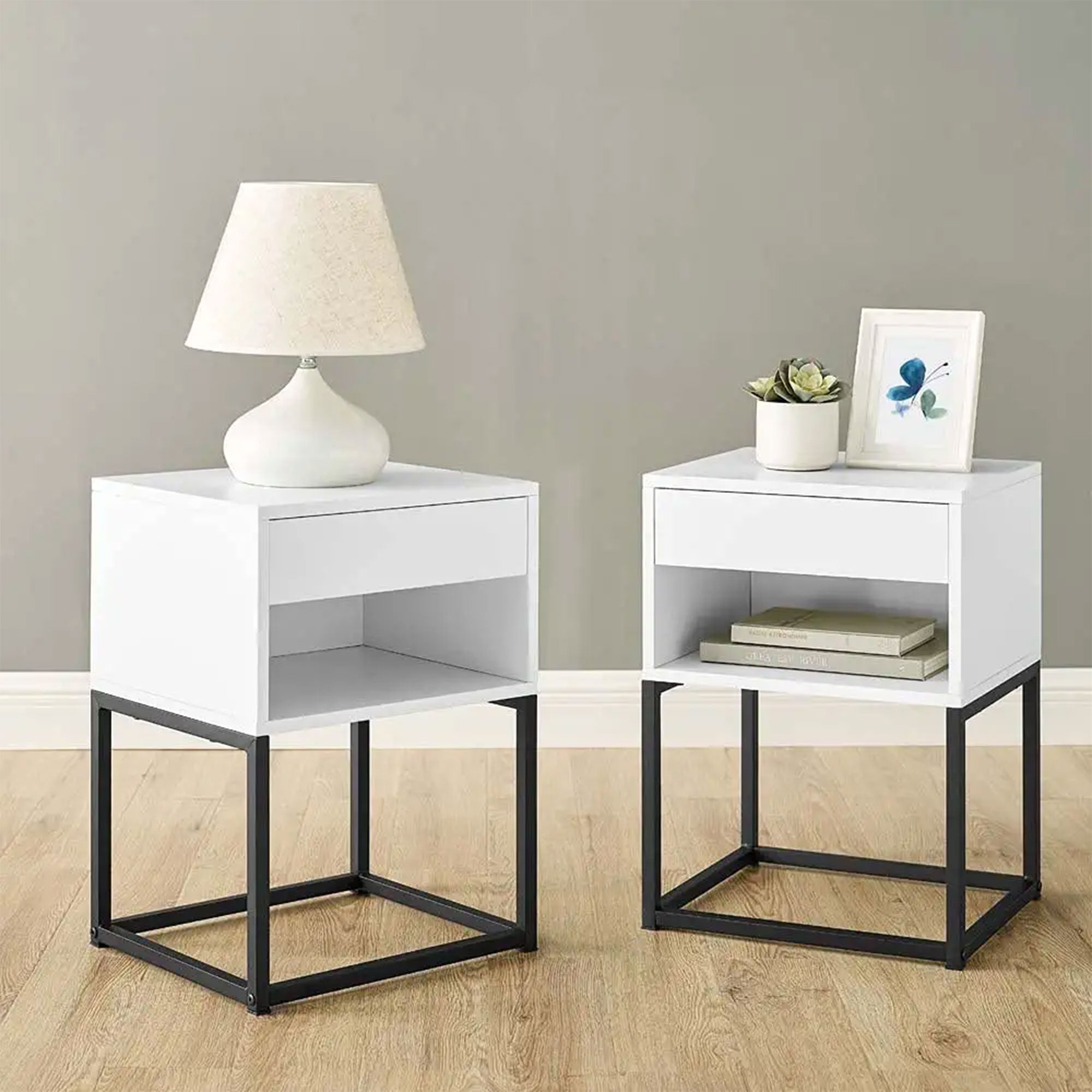 BIKAHOM Simple Modern End Table Nightstand w/ Drawer and Shelf, White (Used) - VMInnovations