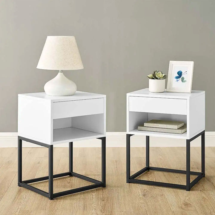 BIKAHOM Simple Modern End Table Nightstand w/ Drawer and Shelf, White (Used)