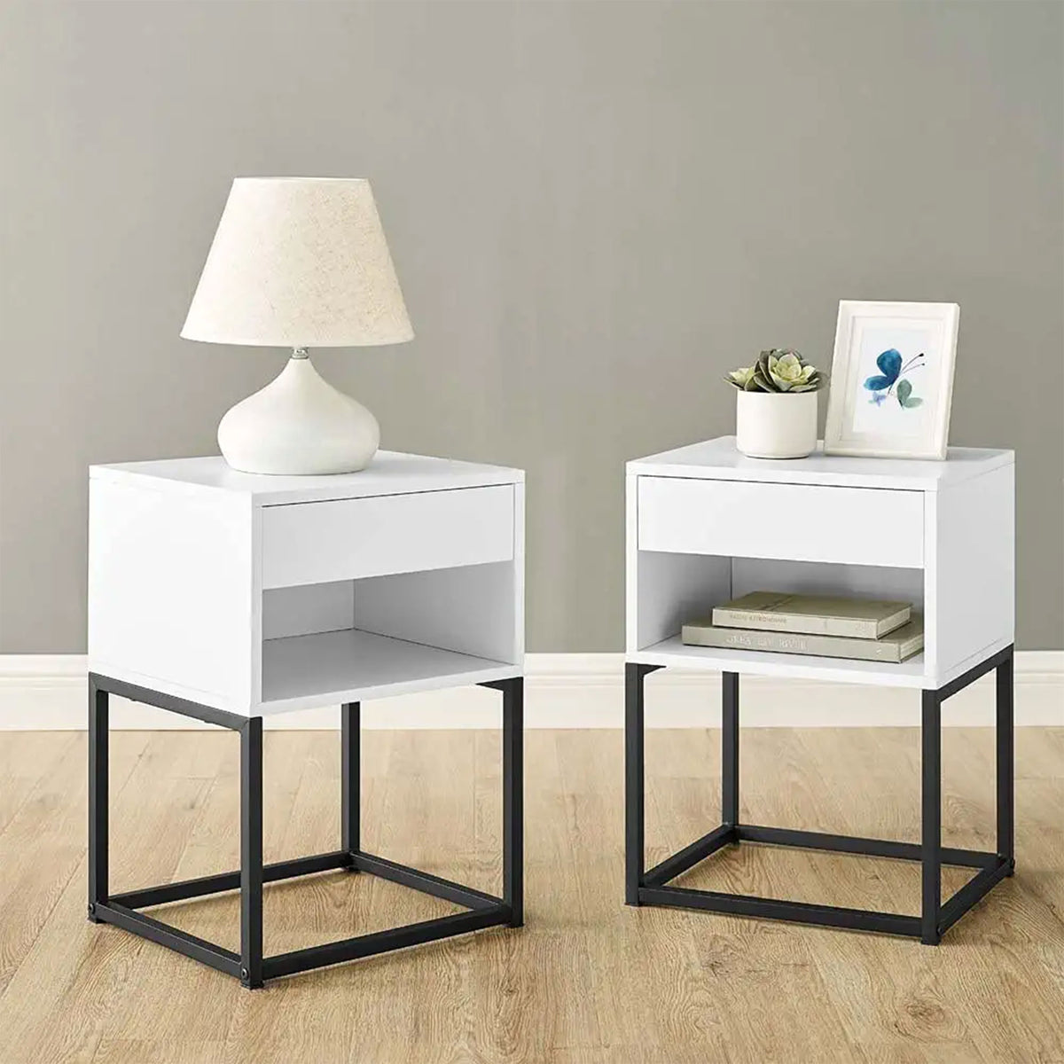 Simple Modern End Table Nightstand with Drawer and Open Shelf, White (Open Box)