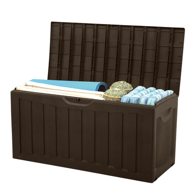Plastic 90 Gal Outdoor Locking Storage Bin Deck Box, Brown (Open Box) - VMInnovations