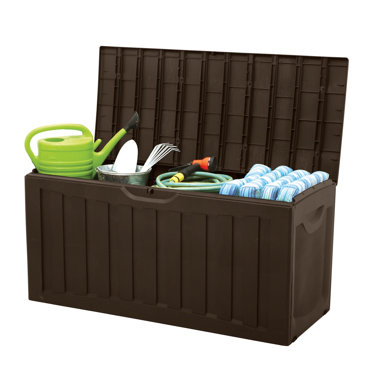 Plastic 90 Gal Outdoor Locking Storage Bin Deck Box, Brown (Open Box) - VMInnovations