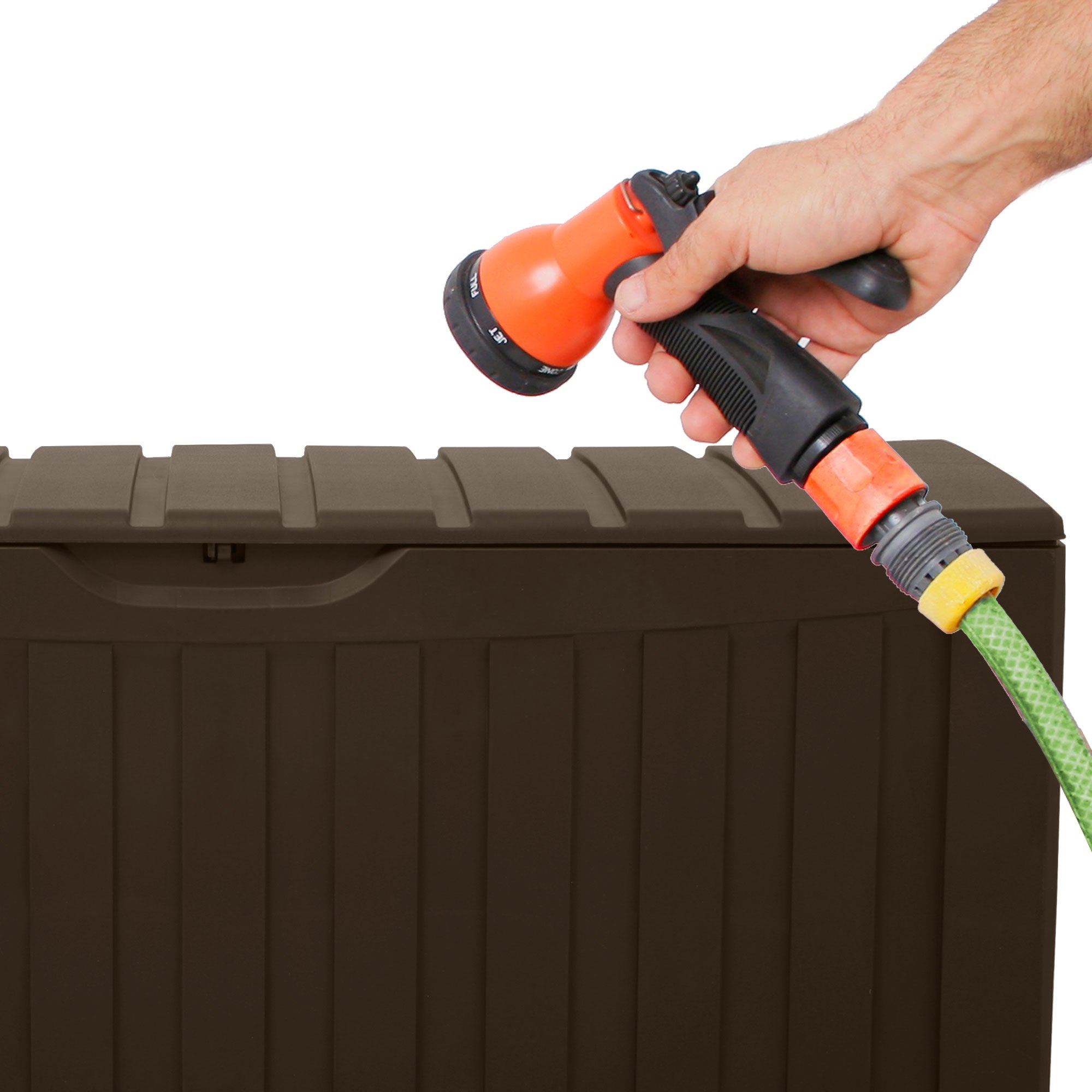 Plastic 90 Gal Outdoor Locking Storage Bin Deck Box, Brown (Open Box) - VMInnovations