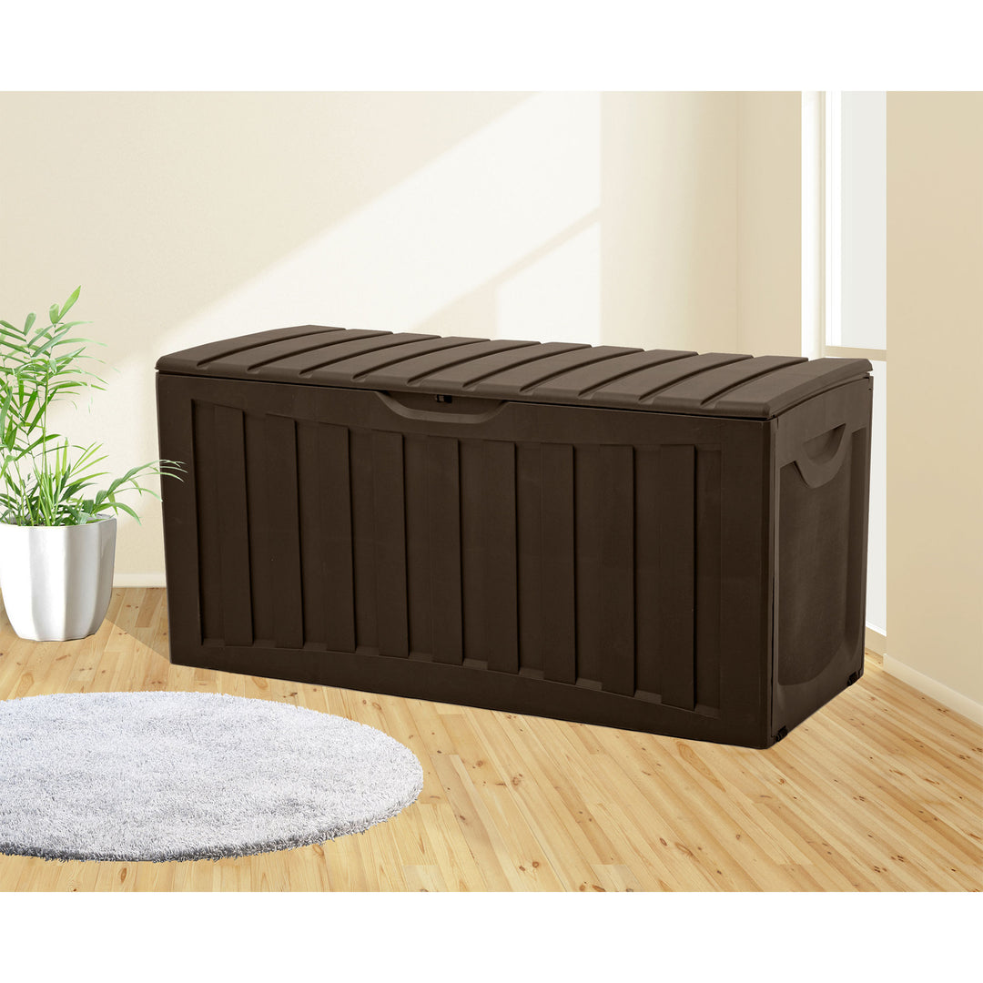 Plastic 90 Gal Outdoor Locking Storage Bin Deck Box, Brown (Open Box) - VMInnovations