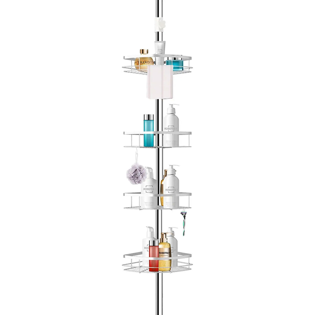 Adjustable Height Shower Caddy Tension Pole w/ 4 Big Baskets, 6 Hooks (Used)