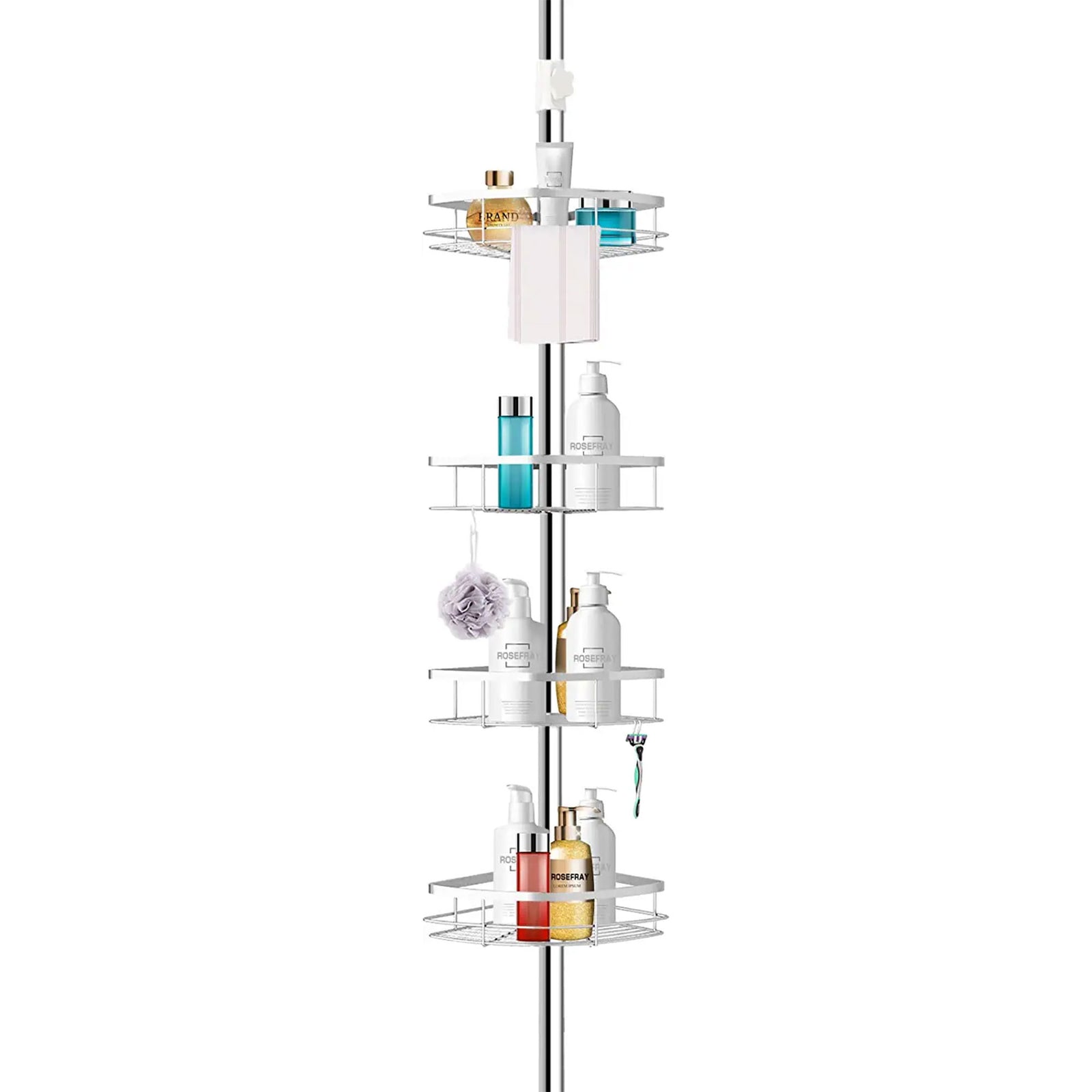 Adjustable Height Shower Caddy Tension Pole w/ 4 Big Baskets, 6 Hooks (Used) - VMInnovations