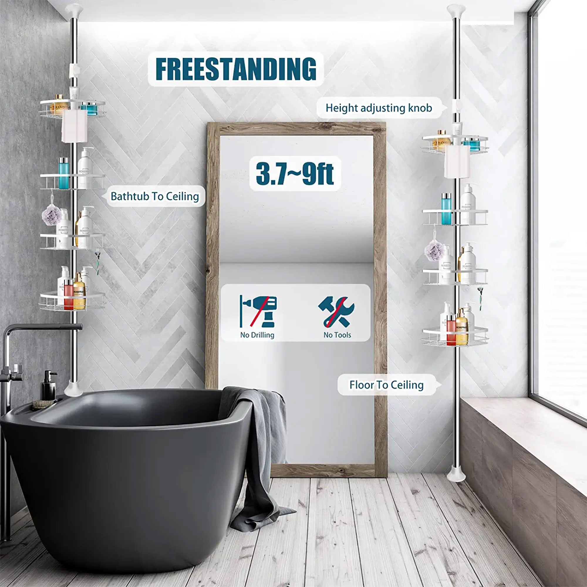 Adjustable Height Shower Caddy Tension Pole w/ 4 Big Baskets, 6 Hooks (Open Box) - VMInnovations