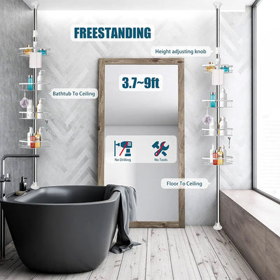 Adjustable Height Shower Caddy Tension Pole w/ 4 Big Baskets, 6 Hooks (Open Box) - VMInnovations