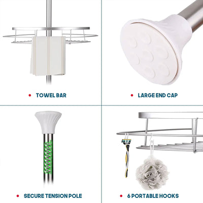 Adjustable Height Shower Caddy Tension Pole w/ 4 Big Baskets, 6 Hooks (Open Box) - VMInnovations