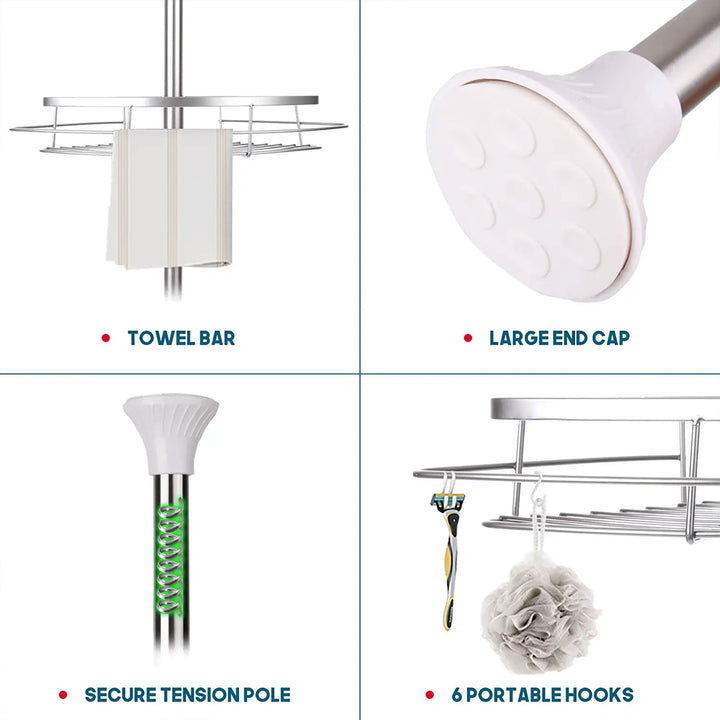 Adjustable Height Shower Caddy Tension Pole w/ 4 Big Baskets, 6 Hooks (Open Box)