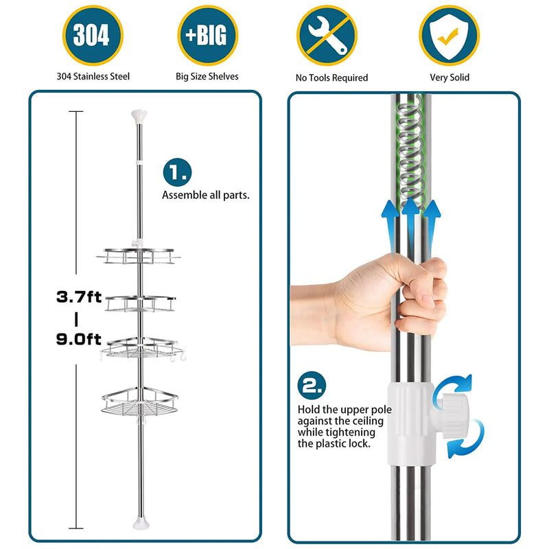 Adjustable Height Shower Caddy Tension Pole w/ 4 Big Baskets, 6 Hooks (Used)