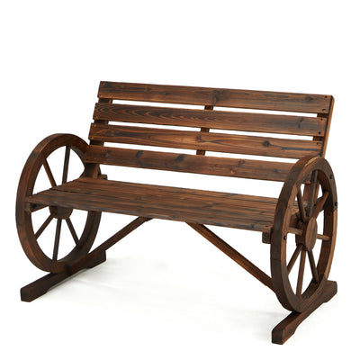 Rustic Wooden Wagon Wheel 2-Person Outdoor Patio Porch Seat Bench, Brown (Used)