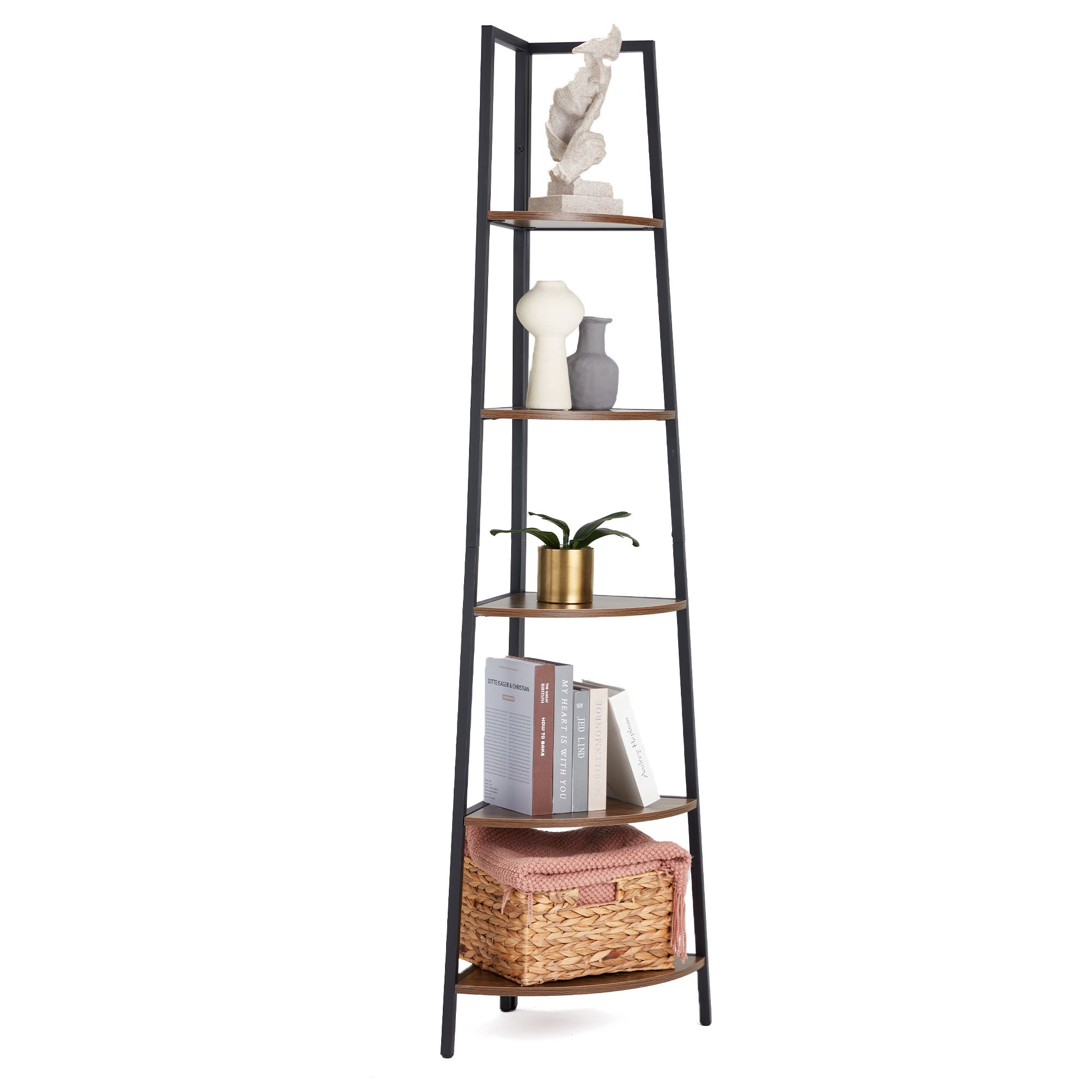 JOMEED 5 Shelf Corner Etagere Ladder Corner Bookcase, Black and Brown (Open Box) - VMInnovations