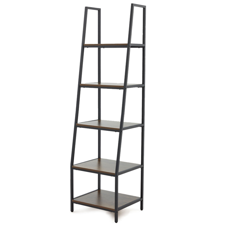 JOMEED Freestanding Industrial 5 Tier Open Shelf Ladder Bookcase, Gray & Brown