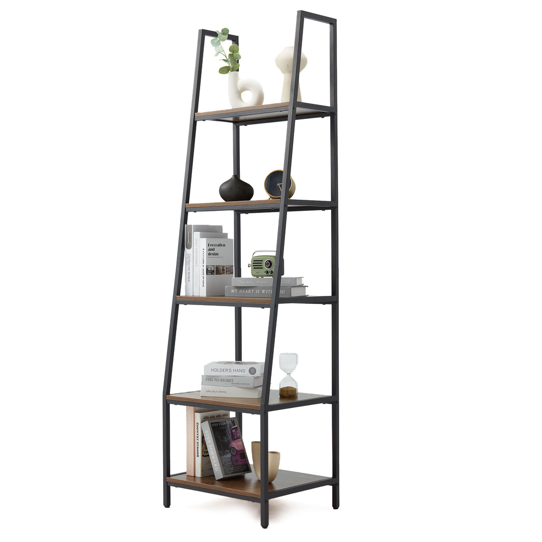 JOMEED Freestanding Industrial 5 Tier Open Shelf Ladder Bookcase, Gray & Brown