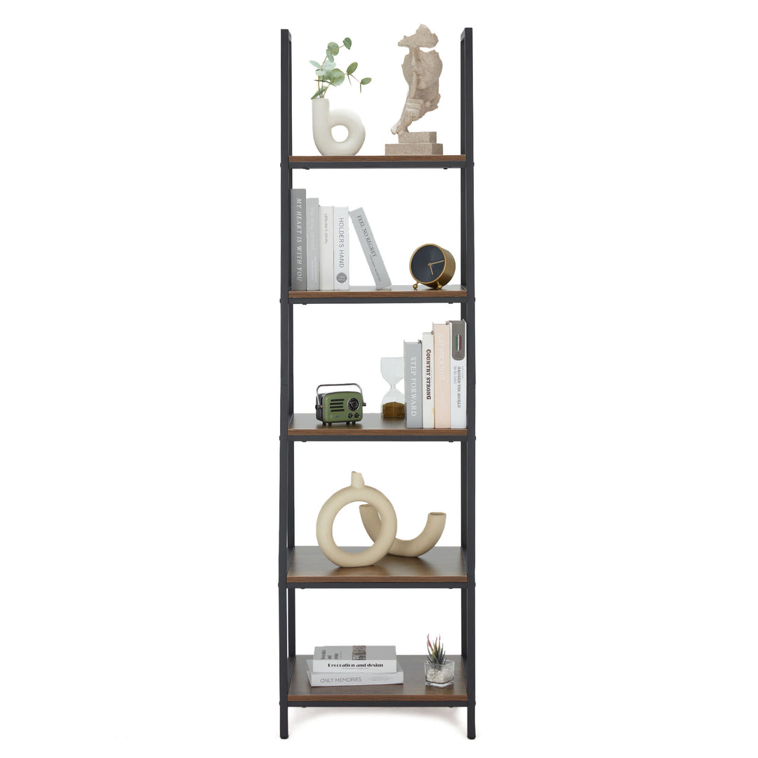 JOMEED Freestanding Industrial 5 Tier Open Shelf Ladder Bookcase, Gray & Brown